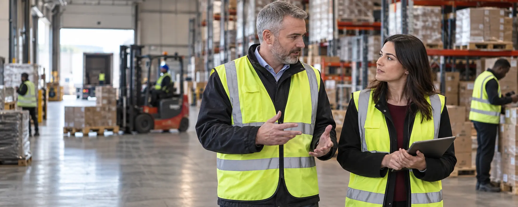 Operations manager and recruitment account manager discussing workforce requirements in a UK distribution centre