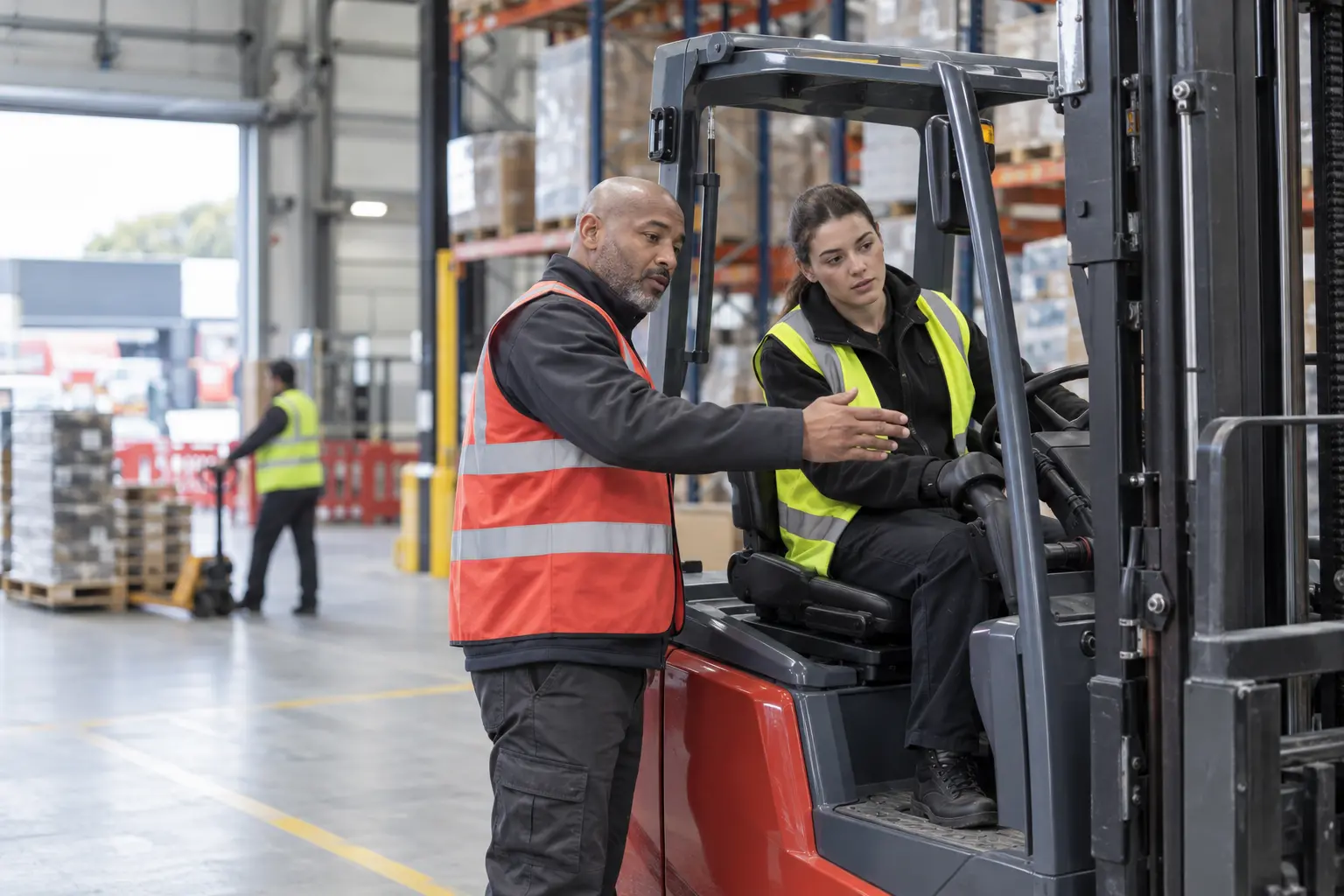 Qualified workplace instructor providing practical forklift training to a trainee in a warehouse
